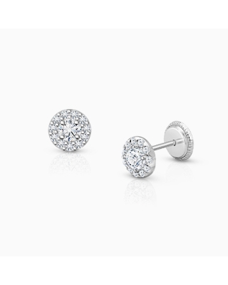 Brilliant Halo, Clear CZ Baby/Children’s Earrings, Screw Back - 14K White Gold