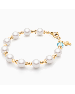 Celestial Pearls Bracelet 14K Solid Gold with Our Father Bead for Girls First Communion