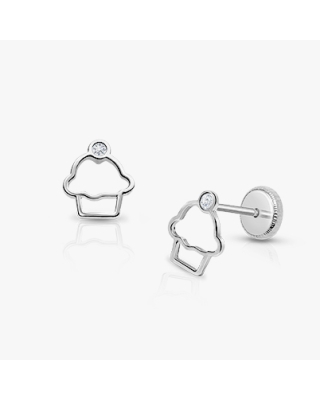 Cupcake Cutie, Clear CZ Baby/Children&#039;s Earrings, Screw Back - 14K White Gold