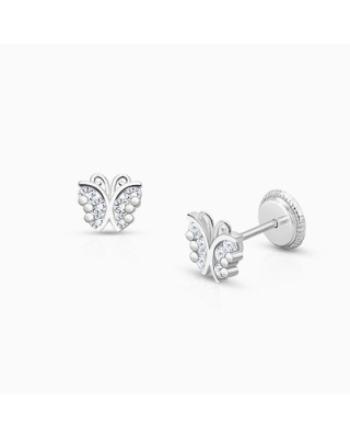 Curly Butterfly, Clear Pavé CZ Baby/Children&#039;s Earrings, Screw Back - 14K White Gold