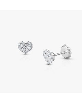 Dearest Heart, Clear Pavé CZ Baby/Children's Earrings, Screw Back - 14K White Gold