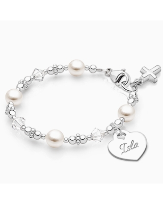 Diamonds and Pearls Bracelet with Religious Cross Charm and Personalized Engraved Heart