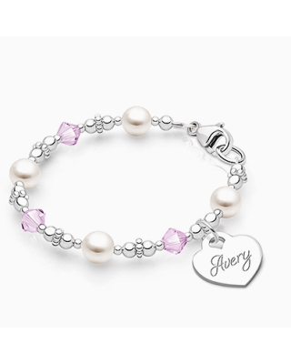 Diamonds & Pearls, Baby/Children's Beaded Bracelet for Girls (INCLUDES Engraved Charm) - Sterling Silver