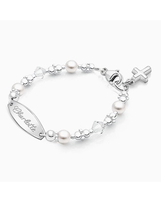 Diamonds and Pearls Bracelet with Religious Cross Charm and Personalized Engraved Name