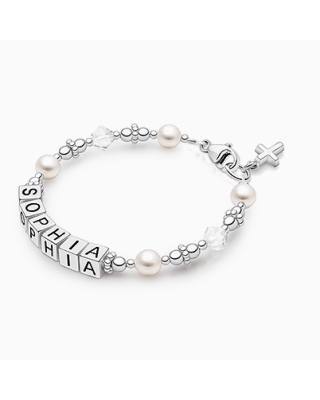 Diamonds and Pearls Bracelet with Religious Cross Charm and Personalizable Name Blocks