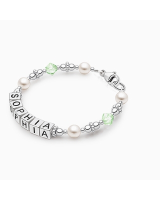 Diamonds &amp; Pearls, Baby/Children&#039;s Name Bracelet for Girls - Sterling Silver