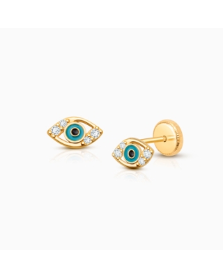 Evil Eye, Clear CZ Baby/Children’s Earrings, Screw Back - 14K Gold