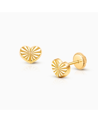 Diamond Cut Heart, Teen&#039;s Earrings, Screw Back - 14K Gold