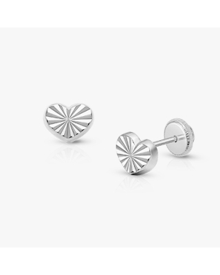 Diamond Cut Heart, Teen&#039;s Earrings, Screw Back - 14K White Gold