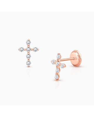 Light of Heaven, First Holy Communion Children&#039;s Cross Earrings, Screw Back, Clear CZ - 14K Rose Gold