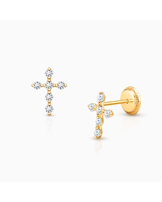Light of Heaven, Baby/Children&#039;s Cross Earrings, Screw Back, Clear CZ - 14K Gold
