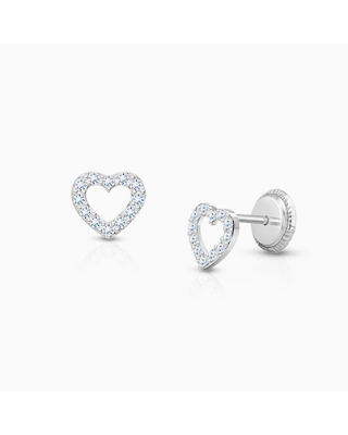 Love of Mine, Clear Pavé CZ Heart, Baby/Children's Earrings, Screw Back - 14K White Gold