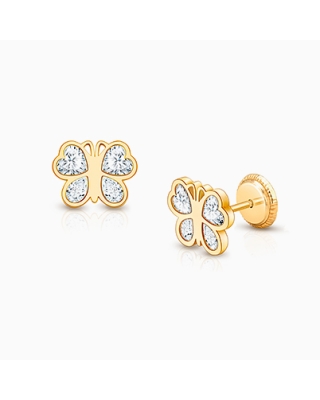 Lovely Butterfly, Clear CZ Baby/Children&#039;s Earrings, Screw Back - 14K Gold