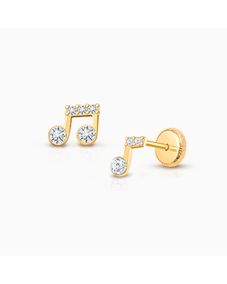 Magical Music Notes, Clear CZ Teen's Earrings, Screw Back - 14K Gold