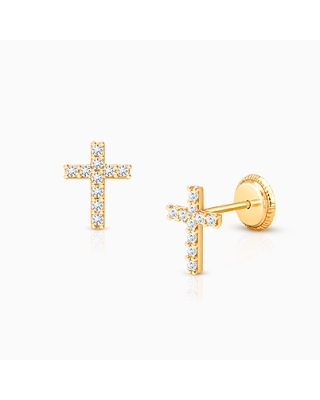 Miraculous Cross, Clear CZ Christening/Baptism Baby/Children’s Earrings, Screw Back - 14K Gold