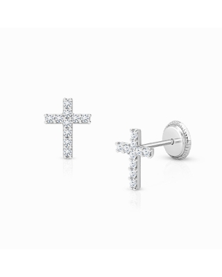 Miraculous Cross, Clear CZ Baby/Children’s Earrings, Screw Back - 14K White Gold