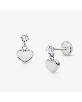 Modern Heart Dangle, Clear CZ First Holy Communion Children's Earrings, Screw Back - 14K White Gold