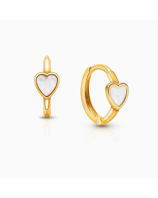 Genuine Heart, Mother of Pearl Baby/Children&#039;s Huggie Hoop Earrings - 14K Gold