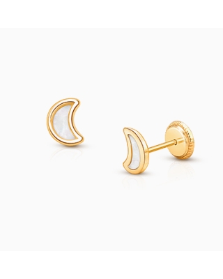 Gia™ Genuine Dream, Mother of Pearl Moon Baby/Children&#039;s Earrings, Screw Back - 14K Gold