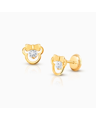 Girl Mouse with Bow, Baby/Children&#039;s Earrings, Screw Back, Clear CZ - 14K Gold
