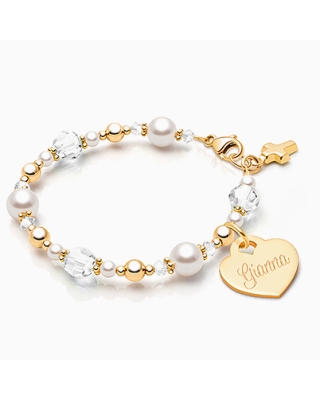 My Little Sunshine Birthstone, Christening/Baptism Baby/Children's Beaded Bracelet for Girls (Includes Engraved Charm, All 12 Birthstones Avail) - 14K Gold