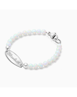 4mm Opals, Lab Created White Opal Baby/Children&#039;s Engraved Bracelet for Girls - Sterling Silver