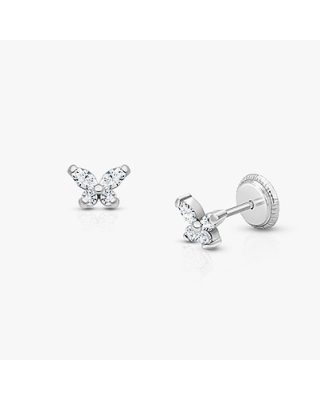 Baby Butterfly, Clear CZ Baby/Children's Earrings, Screw Back - 14K White Gold