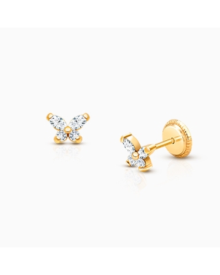 Baby Butterfly, Clear CZ First Holy Communion Children’s Earrings, Screw Back - 14K Gold
