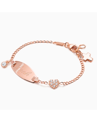 Pavé Heart, Christening/Baptism Baby/Children&#039;s Engraved ID Bracelet - 14K Rose Gold