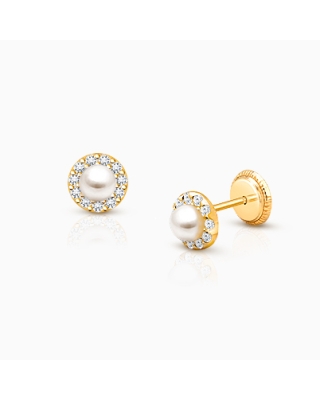 Pearl Halo, Clear CZ Teen’s Earrings, Screw Back - 14K Gold