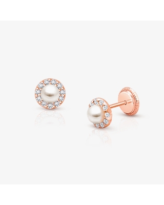 Pearl Halo, Clear CZ Teen’s Earrings, Screw Back - 14K Rose Gold