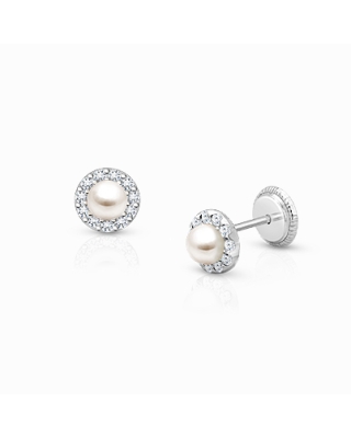 Pearl Halo, Clear CZ Christening/Baptism Baby/Children’s Earrings, Screw Back - 14K White Gold