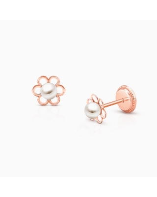 Petals and Pearls, Baby/Children&#039;s Earrings, Screw Back - 14K Rose Gold