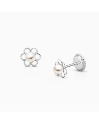 Petals and Pearls, Baby/Children's Earrings, Screw Back - 14K White Gold