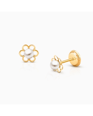 Petals and Pearls, Baby/Children's Earrings, Screw Back - 14K Gold