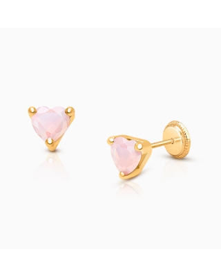 Gia™ Simple Heart Studs, 5mm Pink Opal CZ Baby/Children's Earrings, Screw Back - 14K Gold