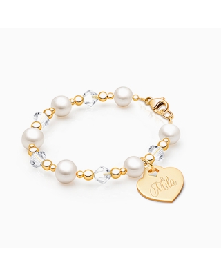 Precious Pearls, Baby/Children&#039;s Beaded Bracelet for Girls (INCLUDES Engraved Charm) - 14K Gold