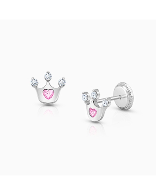 Princess at Heart, Pink/Clear CZ First Holy Communion Children's Earrings, Screw Back - 14K White Gold