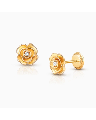 Rose Radiance, Clear CZ Stud, Christening/Baptism Baby/Children's Earrings, Screw Back - 14K Gold