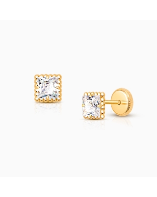 Royal Princess Cut, Clear CZ Teen’s Earrings, Screw Back - 14K Gold