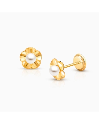 Ruffled Petals with Pearl Baby/Children's Earrings, Screw Back - 14K Gold