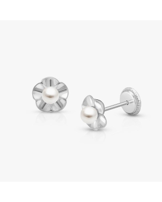 Ruffled Petals with Pearl Baby/Children&#039;s Earrings, Screw Back - 14K White Gold