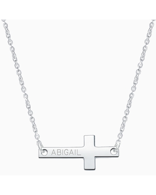 Small Sideways Cross Bar, Engraved Children's Necklace for Girls (FREE Personalization) - Sterling Silver