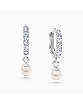 Timeless Pavé CZ 11mm Huggie Hoops with Pearl Dangle, First Holy Communion Children&#039;s Earrings, - Sterling Silver