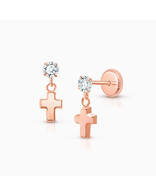 Simple Cross Dangle, Clear CZ Baby/Children&#039;s Earrings, Screw Back - 14K Rose Gold