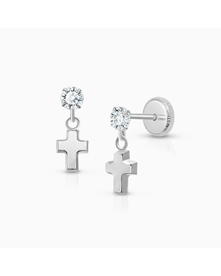 Simple Cross Dangle, Clear CZ Baby/Children&#039;s Earrings, Screw Back - 14K White Gold