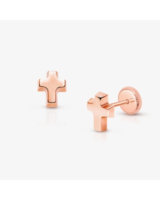 Simple Cross Earring, Christening/Baptism Baby/Children&#039;s Earrings, Screw Back - 14K Rose Gold
