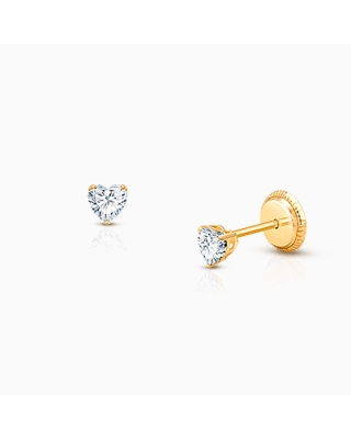 Teeny Tiny Heart Studs, 3mm Clear CZ Baby/Children&#039;s Earrings, Screw Back - 14K Gold