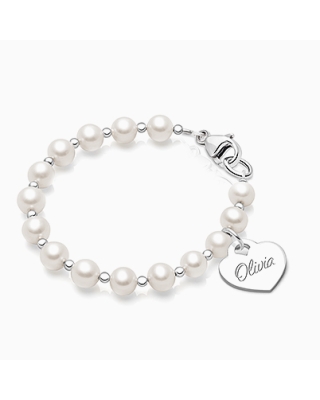 Timeless Pearls, Baby/Children’s Beaded Bracelet for Girls (INCLUDES Engraved Charm) - Sterling Silver