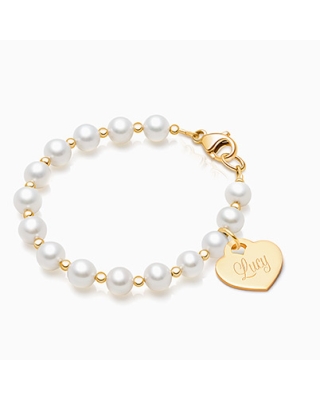 Timeless Pearls, Baby/Children’s Beaded Bracelet for Girls (INCLUDES Engraved Charm) - 14K Gold